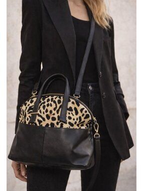 Aqua Madonna Leopard Haircalf Leather Satchel Crossbody Bag Black Gold Hardware